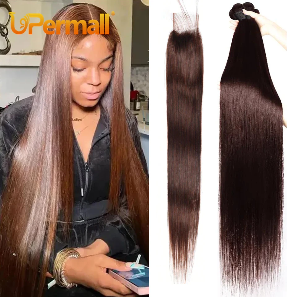 Pacotes de cabelo humano com fechamento, Onda do corpo reto, Parte média transparente, Lace Frontal, Parte média, UperSmall Chocolate Brown, Kim K 2x6