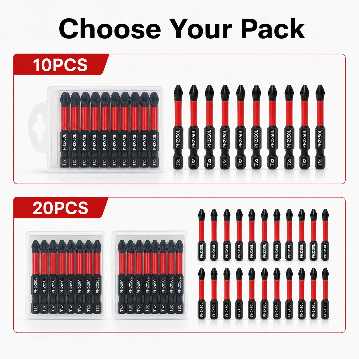 Conjunto de 10/20 Pontas Magnéticas PH2 para Chave de Fenda, 50mm, Aço S2, Resistentes a Impacto, Antiderrapantes, Alta Dureza, Ferramentas para Reparos Domésticos