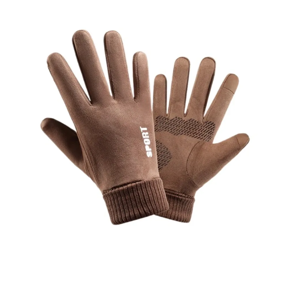 Soft Touchscreen Suede Fabric Gloves Thickened Solid Color Full Finger Gloves Windproof Driving Men Cycling Gloves Winter Autumn