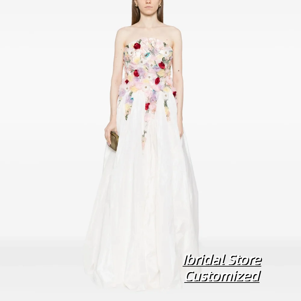 

Customized Elegant Appliques Prom Dress Strapless Sleeveless Backless Long Evening Dress with 3D flowers for Special Occasions