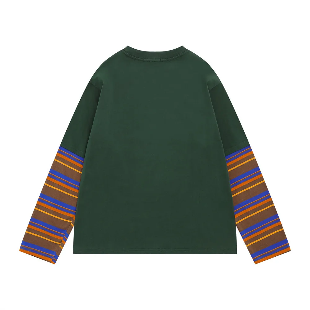 MWJLPWQ Fake Two-Piece Striped Long-Sleeve T-Shirt For Men INS American Street Fashion Print Design Loose Casual Tops 20607