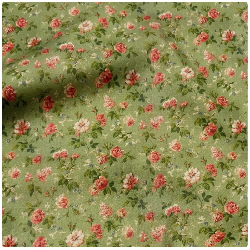 

Retro Green Little Rose Flower Print Pure Cotton Fabric, Handmade DIY Garment, Dress Table Cloth Tissue, M15