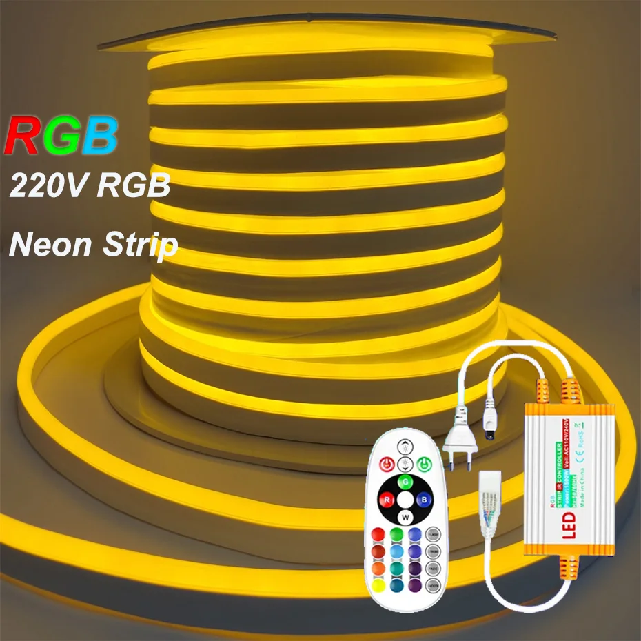 IP65 Waterproof 220V RGB LED Neon Strip 72LEDs/m 8mm*16mm 1m-50m Flexible Ribbon Tape EU Plug 1500W Remote Dimmable Decor