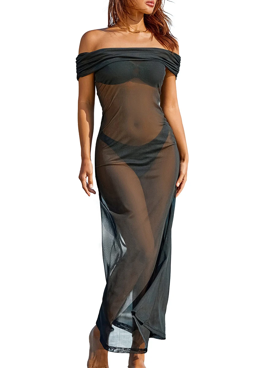 Abito da donna Sexy See Through abito senza maniche con spacco scollato per Club Party Swimwear Mesh Dress