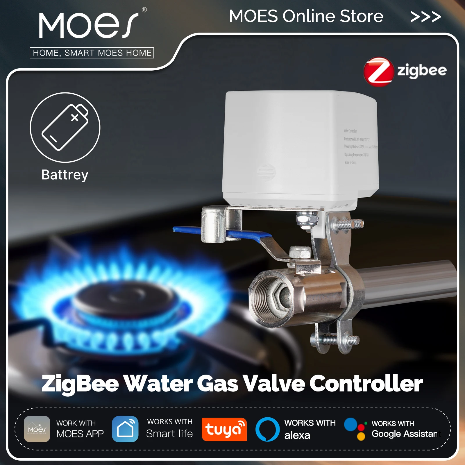 MOES Tuya ZigBee Smart Water Gas Valve Controller Battery Powered APP Timer Voice Control Alexa Google Home