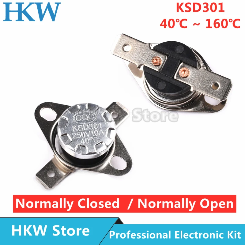 2pcs Bimetal thermostat KSD301 10A Temperature Switch Thermal Control 40~160C Degree Celsius Manual Reset Thermostat 40 65 90 95