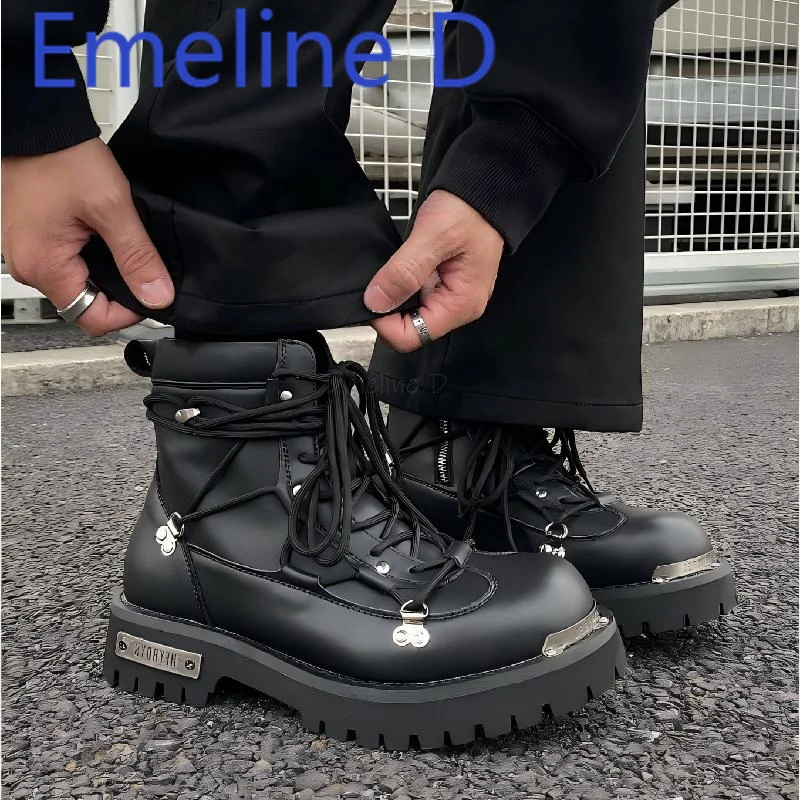 

Lace Up Thick Soled High Rise Boots Casual Versatile Rock Punk Style Motorcycle Boots Round Head Rivets British Style ShortBoots