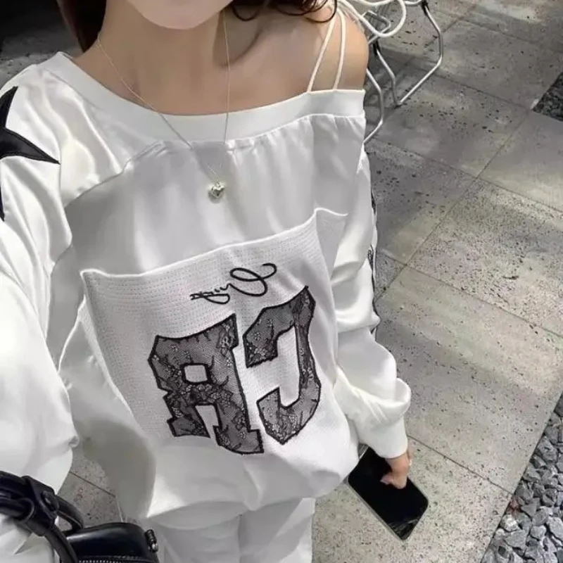 الخريف فضفاض مثير أعلى الأمريكية إلكتروني مطرزة الدانتيل الربط قطري الكتف قبالة الكتف طويلة الأكمام هوديي الشارع المرأة