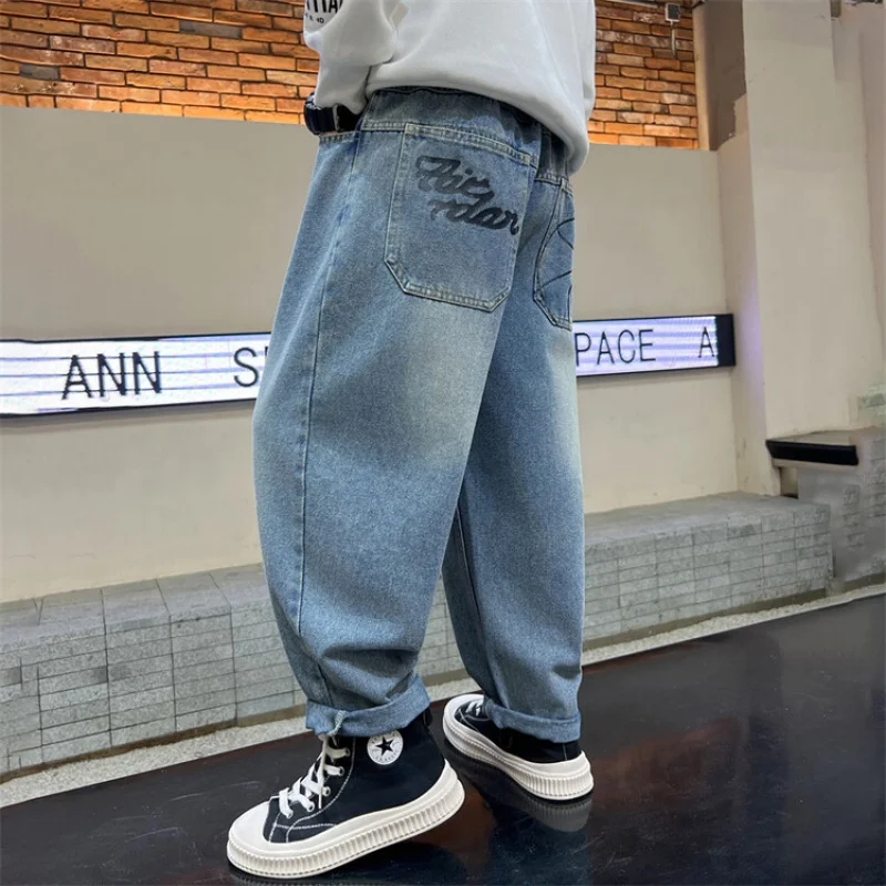 Children Clothing Spring And Autumn Denim Trousers Pure Color Washed Printed Pocket Denim Trousers Boys Loose Tappered Pants6-15