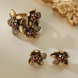 European and American Retro Flower Earrings and Rings Set Flower Stamens Colored Zircon Fashion Niche Rings for Women