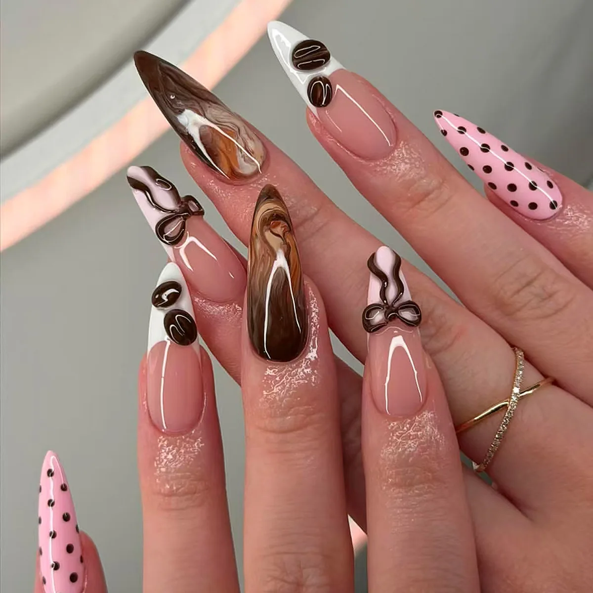 24pcs Coffee Swirl Press on Nails 3D Coffee Bean Bow Pink Polka Dot French Tip Design Fake Nail Long Point Fasle Nail for Women 2