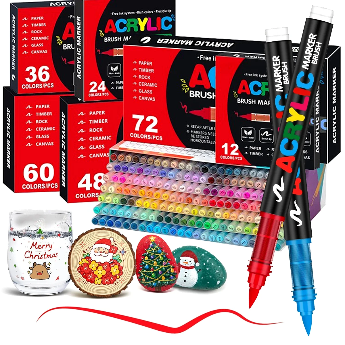 

72 Colors Acrylic Paint Pens Markers Set Brush Tip Paint Marker For Rock Painting Wood Canvas Stone Christmas Gift DIY Crafts