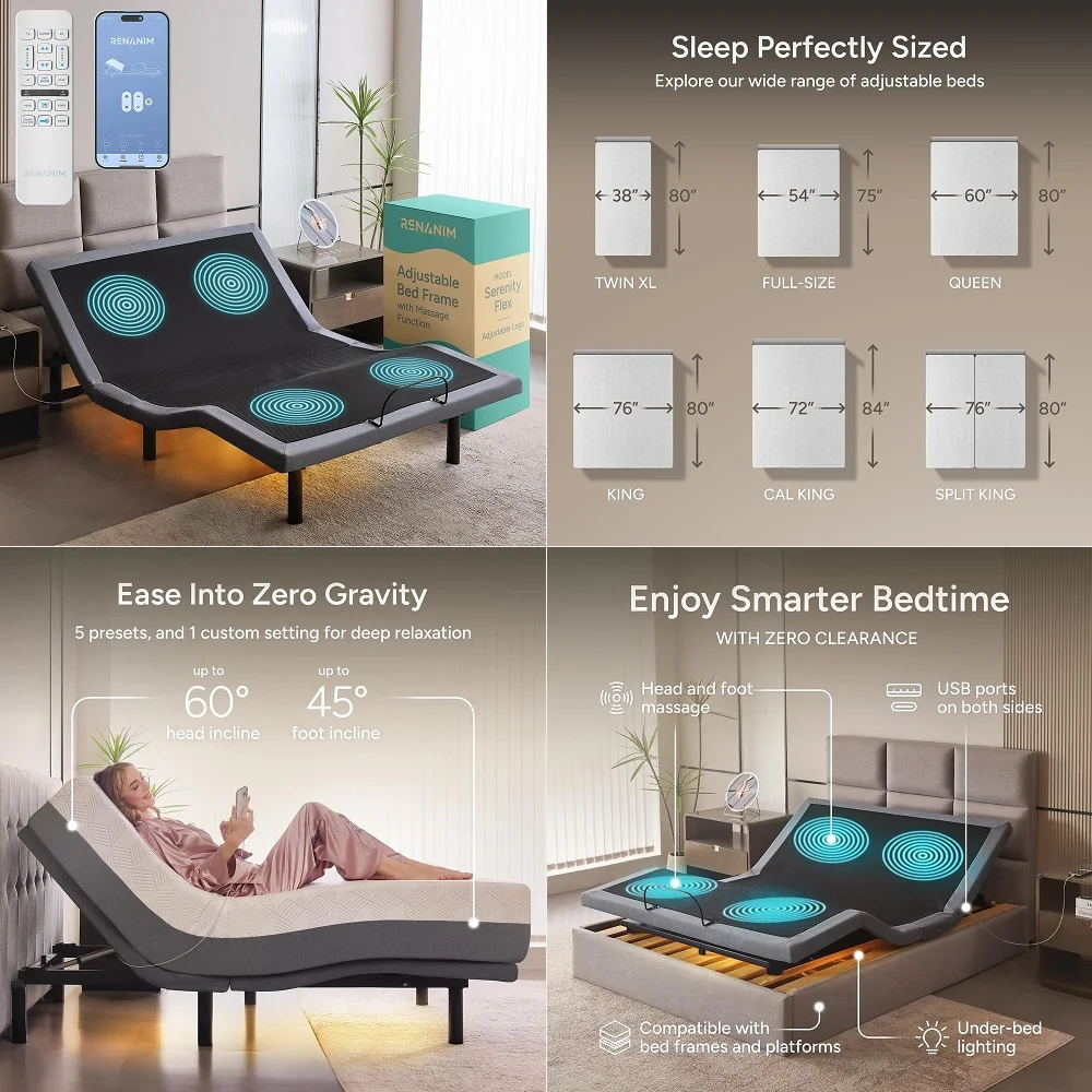 

Adjustable Bed Frame Twin XL Massage, Upholstered Bed Base with Wireless Remote, Head and Foot Incline, Anti Snore, Zero Gravit