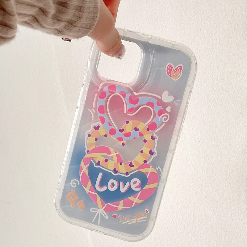 50PCS Ins-style Ripple Silicone Phone Case For iPhone 12, 13, 14, 15,  Anti-drop Soft Cartoon Graffiti Love Heart Back Cover