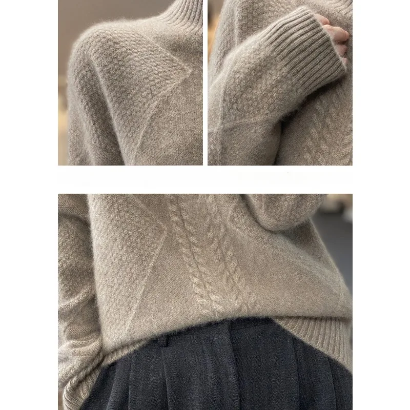 2023 Autumn Winter New Woolen Bottom Shirt Women Half Turtleneck Temperament Pullover Thick Sweater Loose Pure Wool Slim Shirt