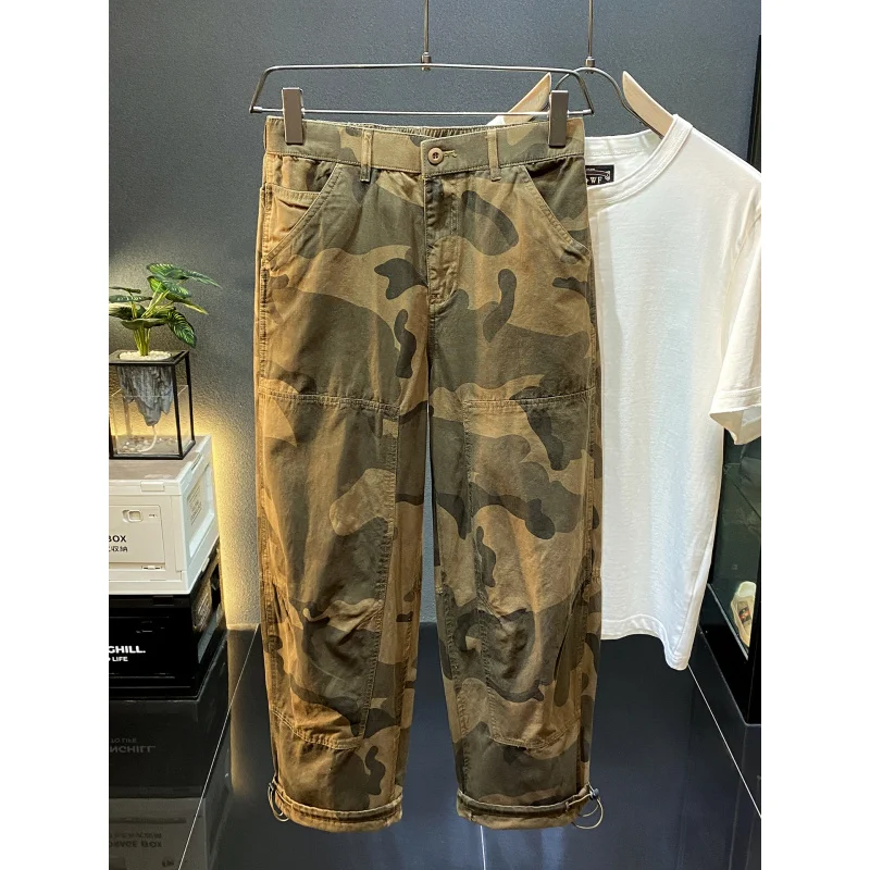 

2025Новая мужская одежда, камуфляжные брюки-карго в американском стиле ретро, мужские летние модные свободные прямые повседневные длинные брюки High Street