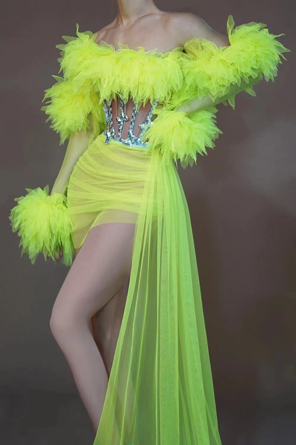 Sexy noir épaules dénudées cristal haut fente jupe scène Costume dos nu strass ClubParty robe femmes soirée robe de bal Y005