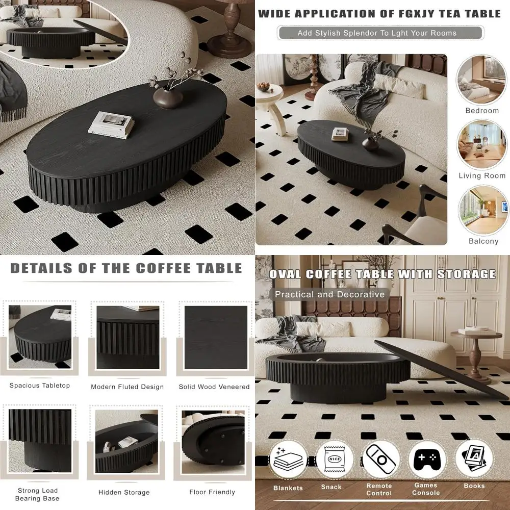 

Современный черный овальный журнальный столик с местом для хранения и шпоном из массива дерева, чайный столик с рифленым барабаном