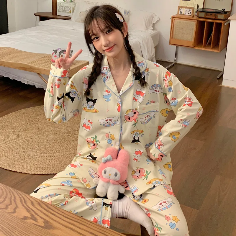 

Sanrio Hello Kitty Cinnamoroll Kuromi Cute Long-sleeved Pants Loungewear Set Cartoon Anime My Melody Wearable Pajamas Girls Gift