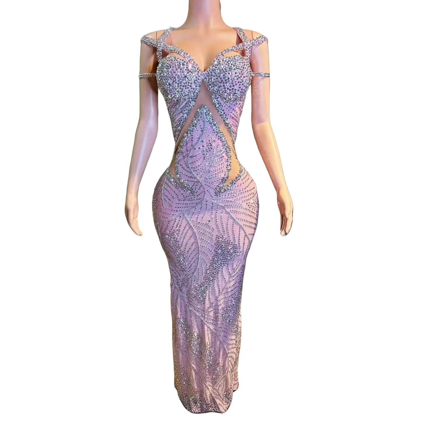 

Women Luxury Sparkly Crystals Mesh See Through Evening Gown Celebrate Birthday Prom Couture Party Outfit Sexy Elegant Long Dress
