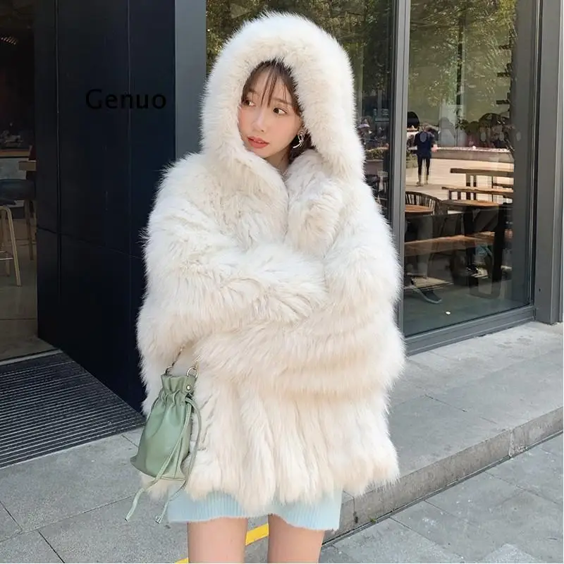 

Women 2021 Autumn Winter New Faux Fur Hooded Coats Female Imitation Fox Fur Plush Jackets Ladies Solid Loose Warm Outwear