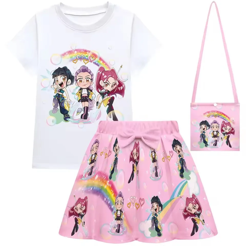KPop شيطان الصيادين رومي المعبود تأثيري الاطفال زي مجموعة 3 قطعة ميرا تي شيرت فستان حفلة أنيمي الملابس للفتيات