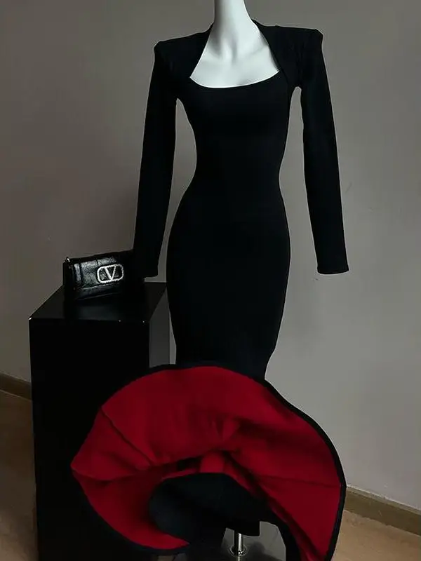

plus Size Red Bot Dr Women's Autumn Winter Sexy Long Fi Tail Gown Square Collar Commute Korean Sle mid High Waist