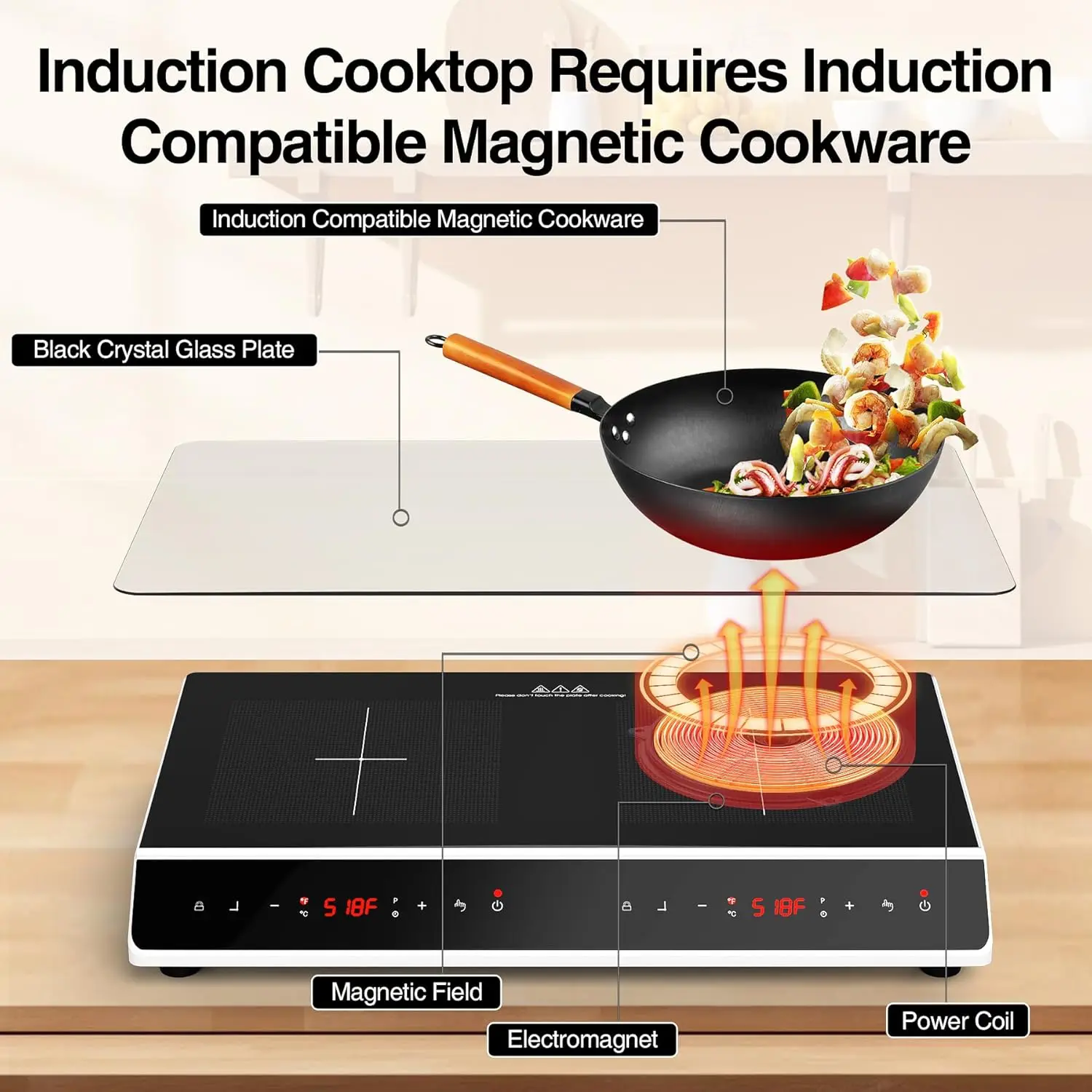 24 inch 4000W Induction cooktop 2 burner,Electric cooktop with LED Touch Screen 10 Levels Settings with Child Safety Lock & Time