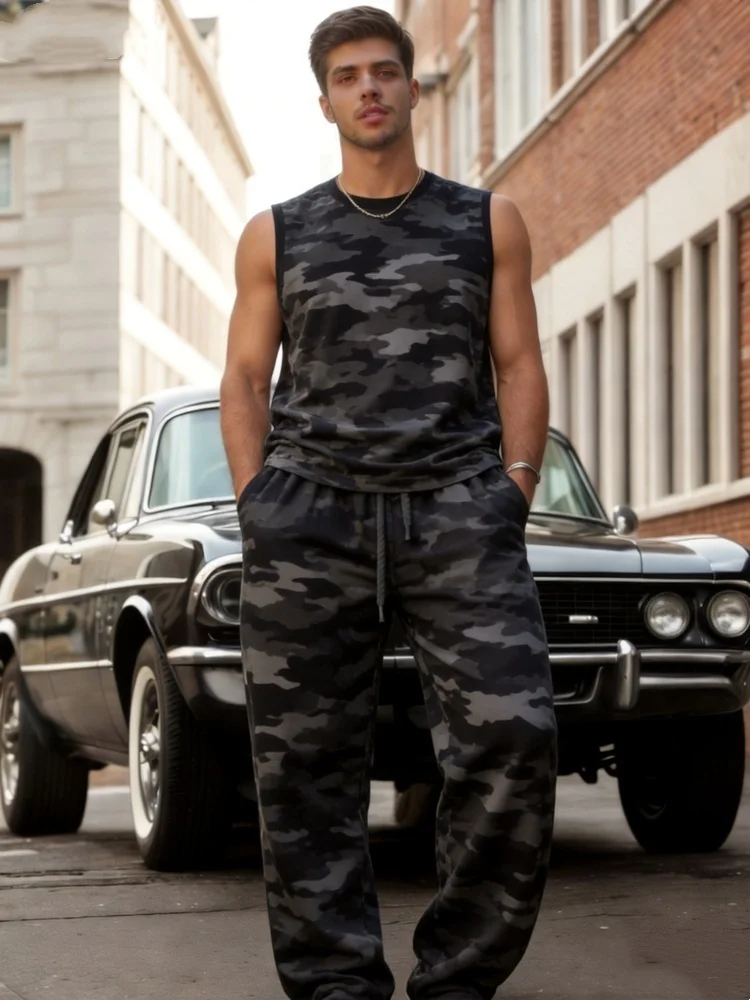 Men's Grey Black Camo Pattern Sleeveless Vest Loose Fit Sweatpants Casual Outdoor Matching Outfit