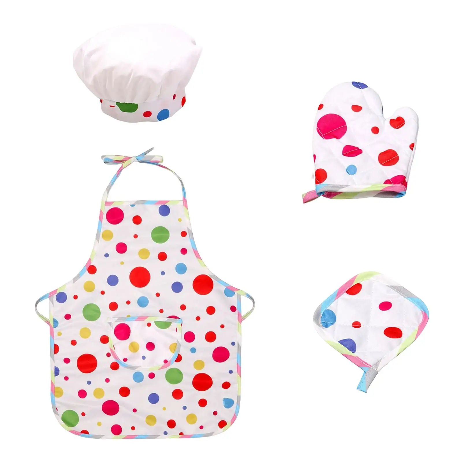 4Piece Set for Role Play with Cake, Cap, Apron And Pot Pad , New Colored Dots