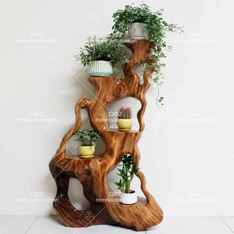 Camphor Wood Root Carving Flower Stand Solid Wood Natural Tree Root Base Floor to Ceiling Multi Layer Living Room Bonsai