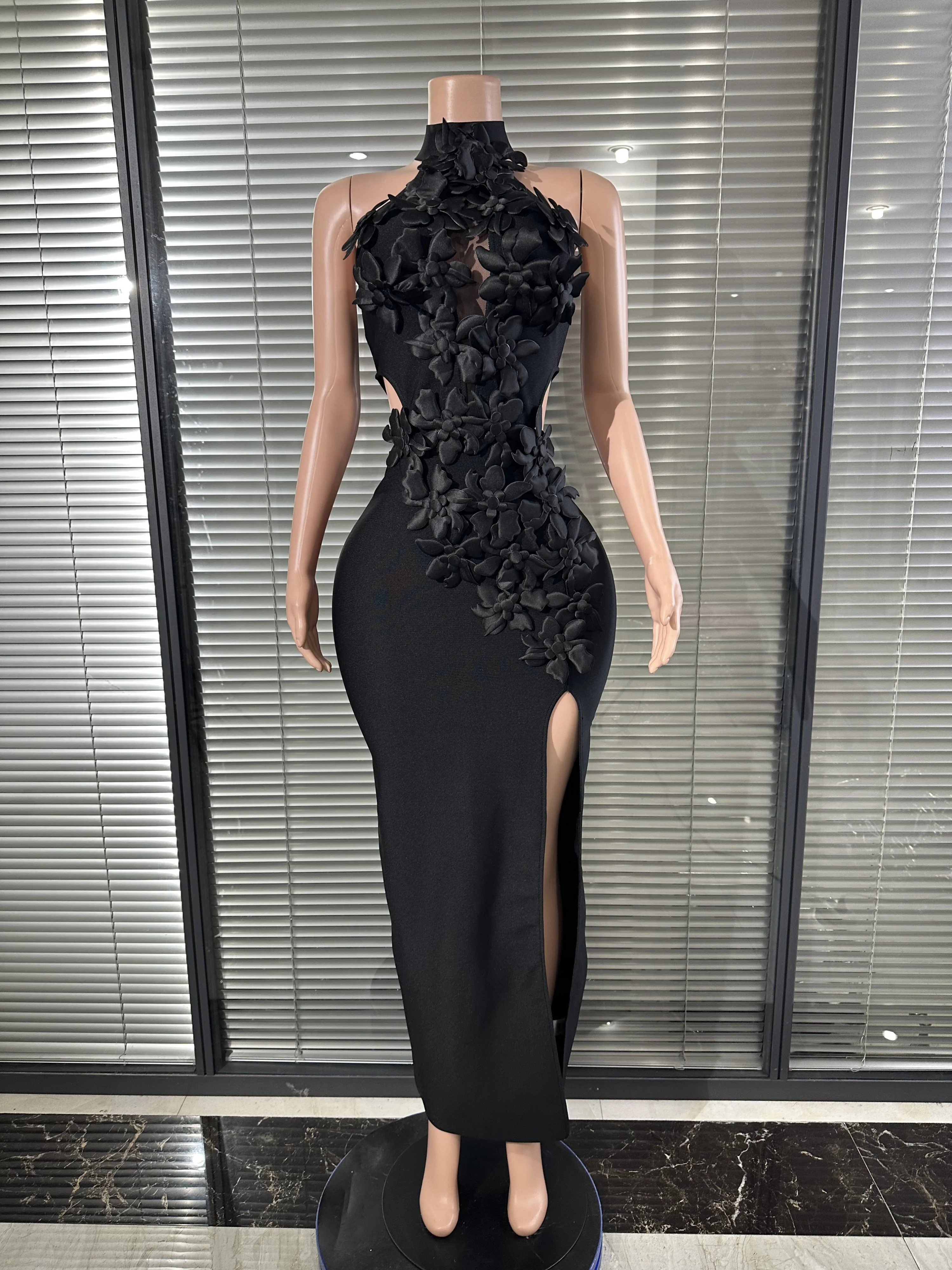 ชุดเดรสสำหรับโอกาสพิเศษ ผ้าเจอร์ซีย์ แต่งดอกไม้แฮนด์เมด จับจีบทรงกระบอก คอสูง ยาวถึงข้อเท้า สไตล์โมเดิร์น สามารถสั่งตัดได้