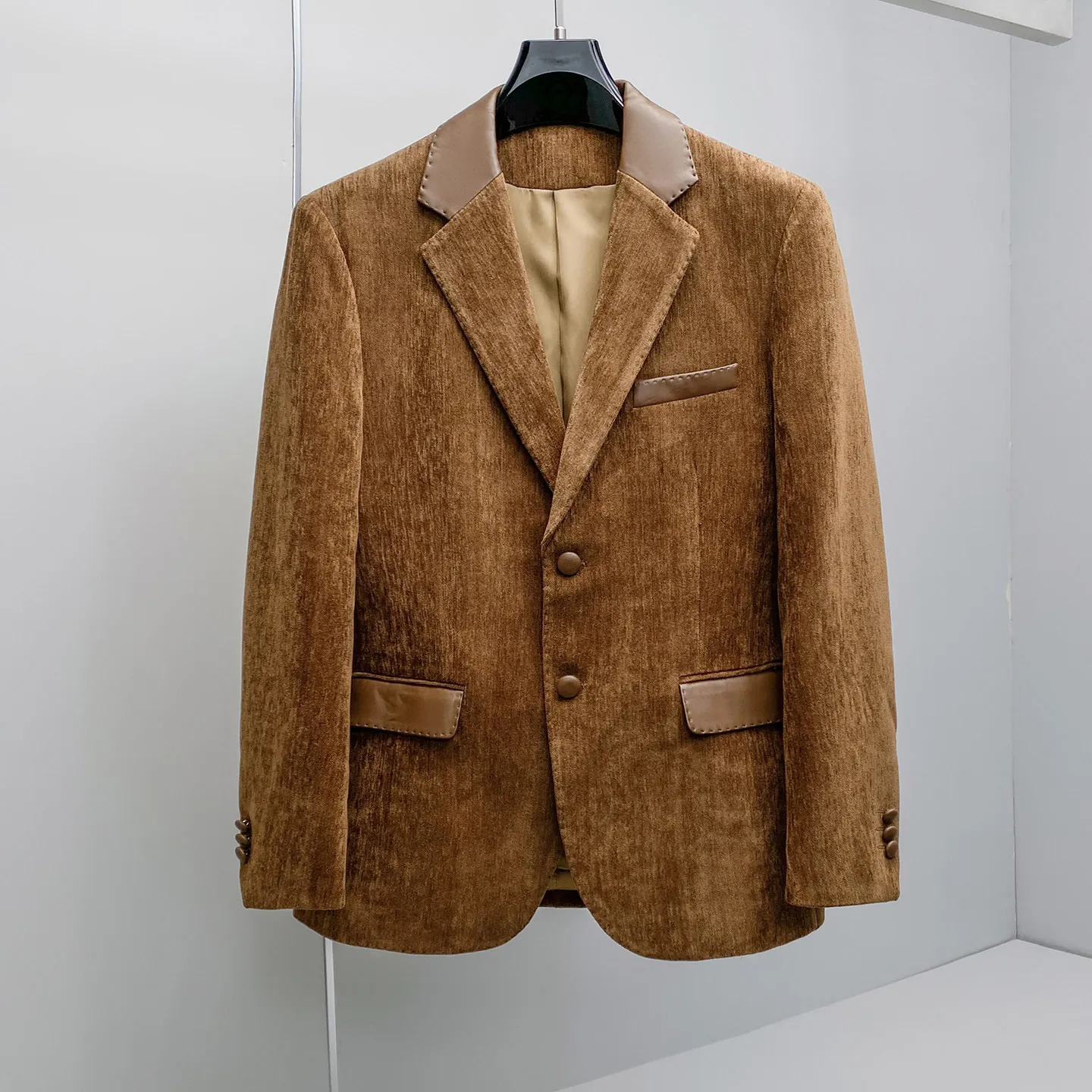 Spring and Autumn Suit Jacket Men's Korean Version Spliced PU Slim Fit Suit Coat Casual Business Social Blazers Costume Homme