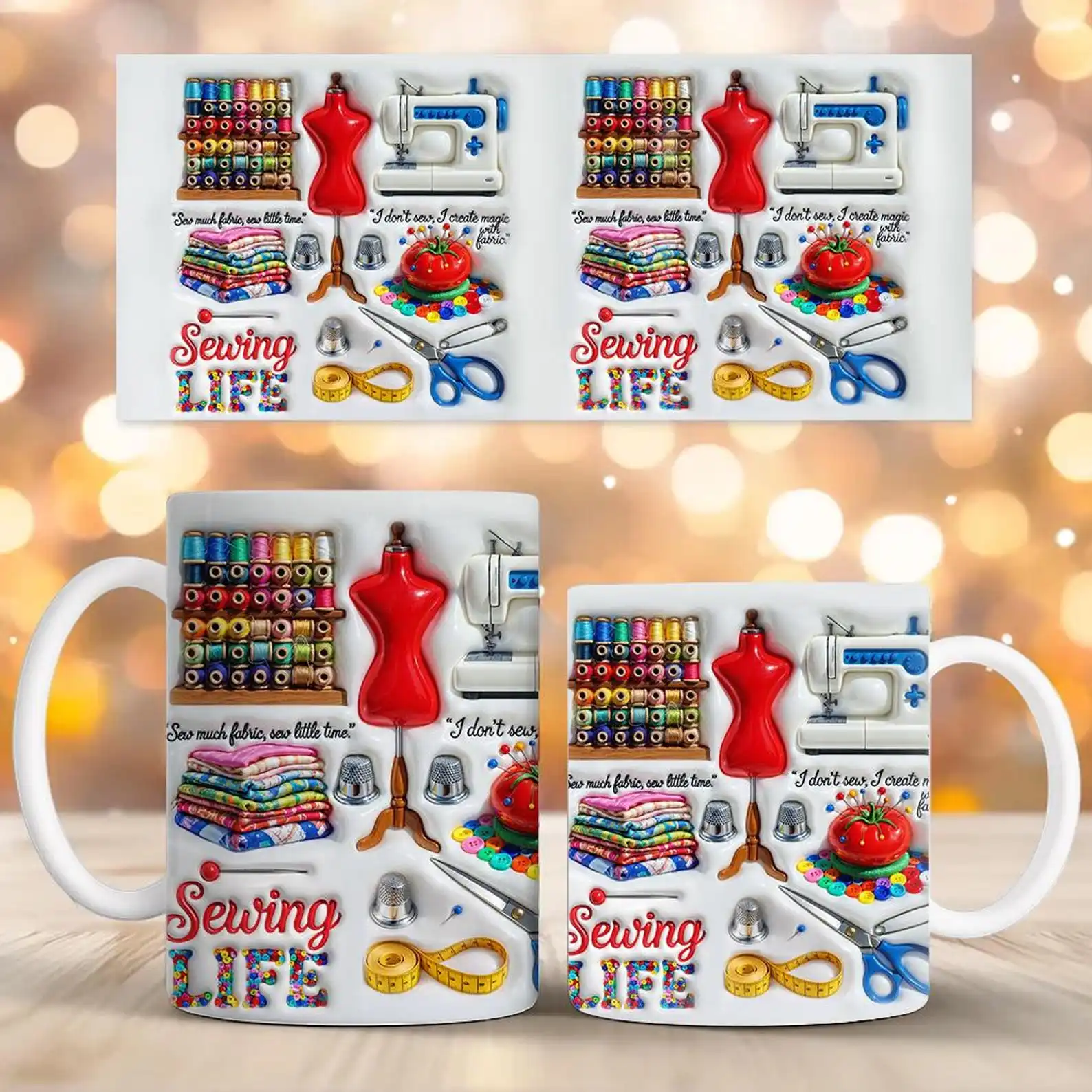 Inflated 3D Sewing Mug Wrap PNG 11oz 15oz Funny Seamstress Sublimation Wrap Crafter Mug Design Instant Digital Download
