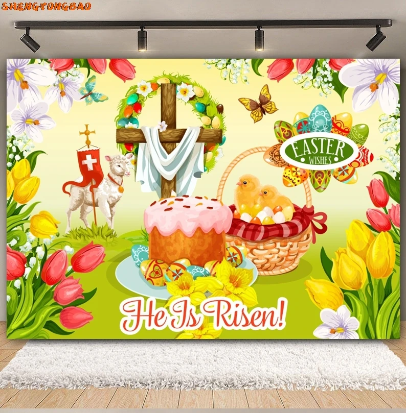 Vrolijk Pasen Achtergrond Lente Tuin Cartoon Konijnen Eieren Bloemen Groen Gras Bunny Pasen Baby Portret Fotografie Achtergrond