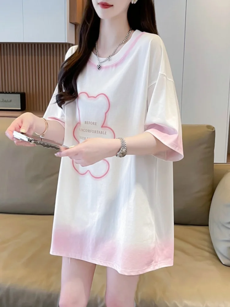 Fashion Casual T-shirt Summer Soft Comfortable Cute Tie Dye Gradient Color Loose Letter Teddy Bear Round Neck Short Sleeved Top