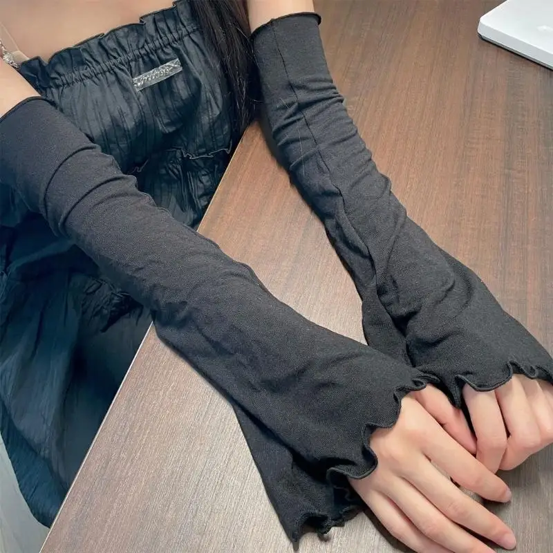 39BD Layering Long Sleeves Ruffle Trim Armcover Long Stretchy Coverage for Women