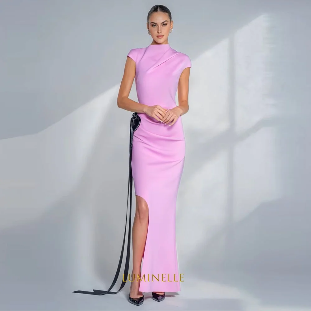 Lilac Satin Evening Dresses With Slit Column O-Neck Ruched Long Party Dress For Women Short Sleeve Formal Prom Gown Customized