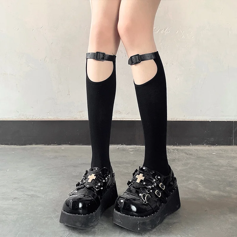 Y Demo Techwear Women Stretchy Thin Middle Tube Socks With Leather Buckles