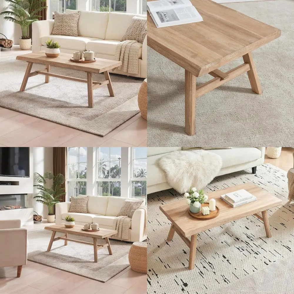 

Rustic Rectangular Solid Wood Coffee Table for Living Room, Natural Farmhouse Style Centerpiece