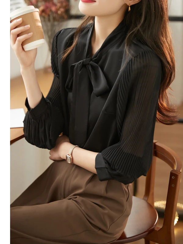 

Spring 2026 Early New Style Women's Shirt Knot Silk Long Sleeve Commuter Korean Version Straight Cut Fashionable
