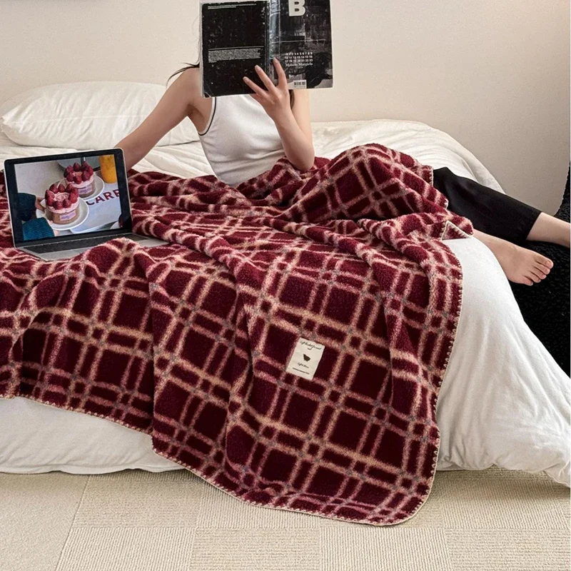 Retro Plaid Faux Cashmere Blanket Super Soft Comfortable Warm Blankets for Office Nap Luxury Single Size Colorfast Home Textiles