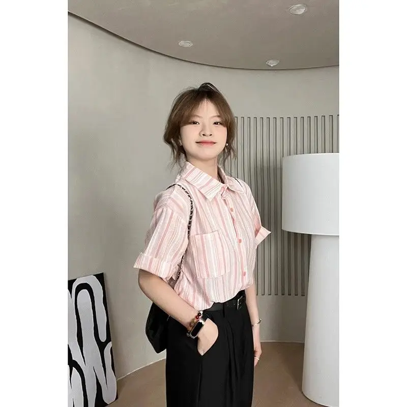 Age-reducing Versatile Striped Short-sleeved Shirt Korean Women's Casual Loose Lapel Top Trendy