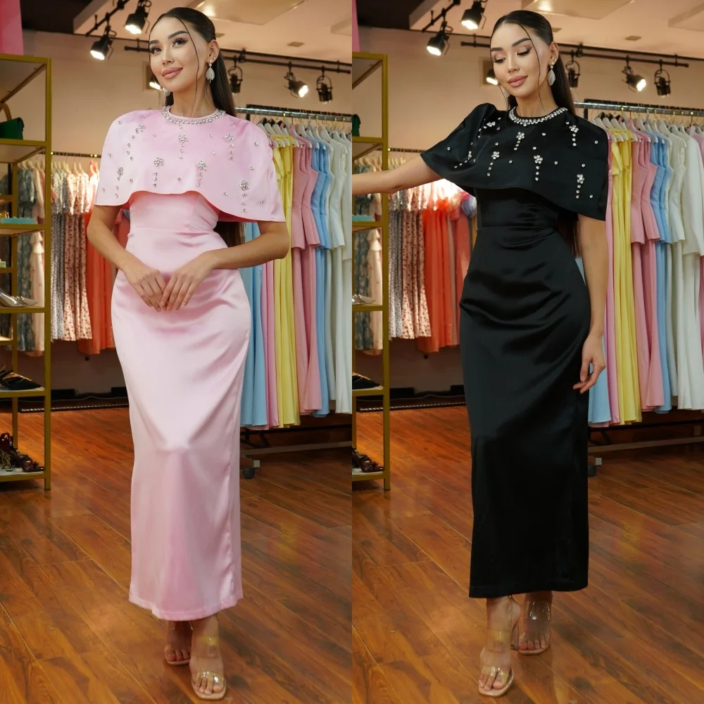 

Customized Classic Charmeuse Beading Rhinestone Pleat Straight O-Neck Long Dresses Bespoke Occasion Dresses Elegant Fashion