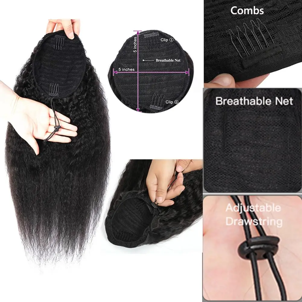 Kinky Straight Drawstring Ponytail Natural Black Brazilian 100% Human Hair Clip Ins Wrap Around Pony Tail Hairpiece Extensions