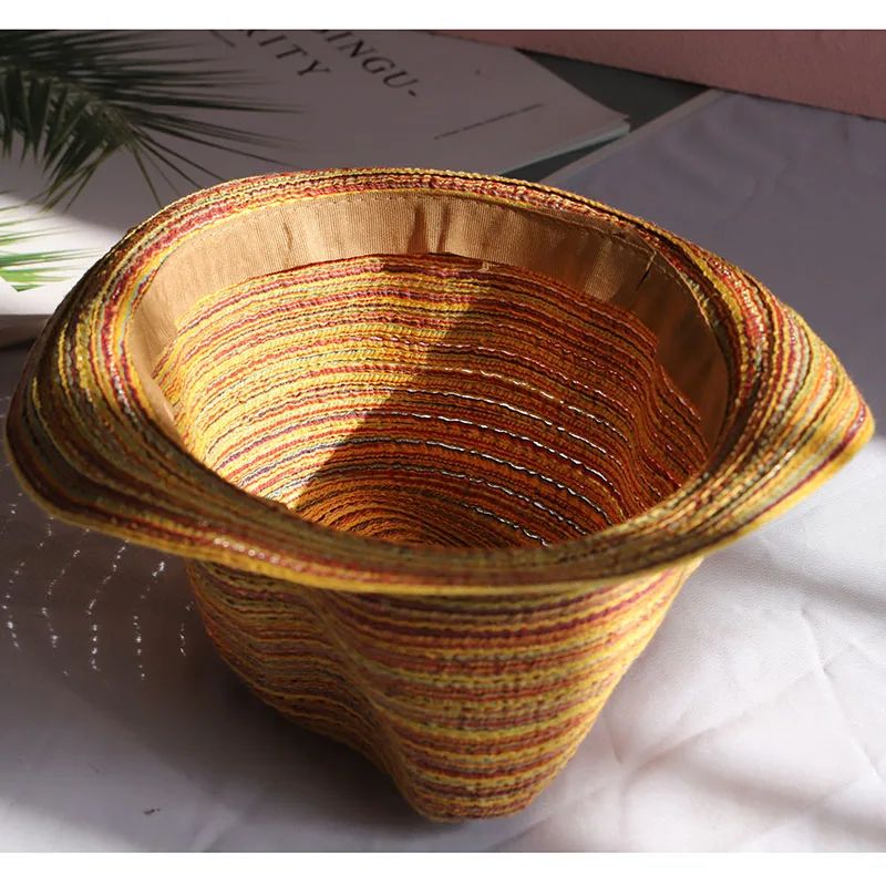 2022 NEW Natural Panama Soft Shaped Straw Hat Summer Women sun hats Men Beach Sun Cap UV Protection straw Felt hat rainbow cap