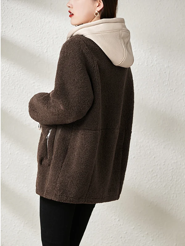 معطف نسائي شتوي مقاس كبير من فرو الضأن مع غطاء للرأس من الجلد والفراء ملابس خارجية فضفاضة غير رسمية بفتحة مستقيمة #4