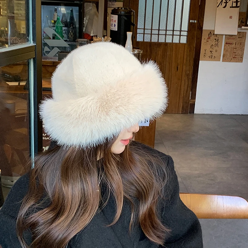 Fluffy Faux Fur Bucket Hat For Women Luxury Plush Fisherman Hat Warm Winter Hat Thicken Cold Snowy Day Panama Cap