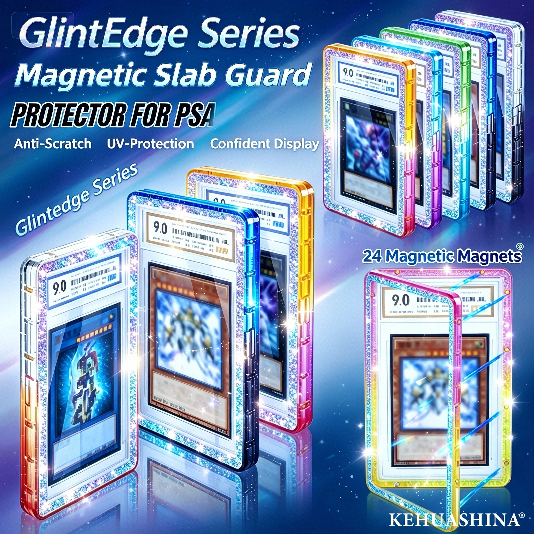 Glintedge Magnetic Slab Bumper Display Case Holder Protector Guard for PSA 35PT Graded Cards TCG Glitter Gradient UV-Resistant
