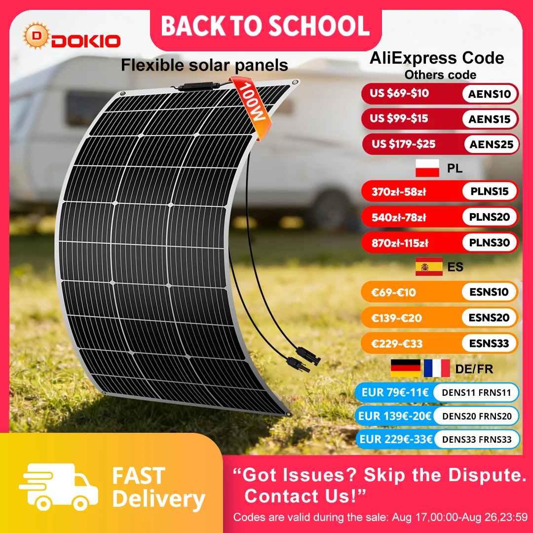 DOKIO 100W Flexibles Monokristallines Solarmodul-Set 18V / 8m Kabel |   Wasserdichtes 12V Batterieladegerät für Auto, Haus, Wohnmobil